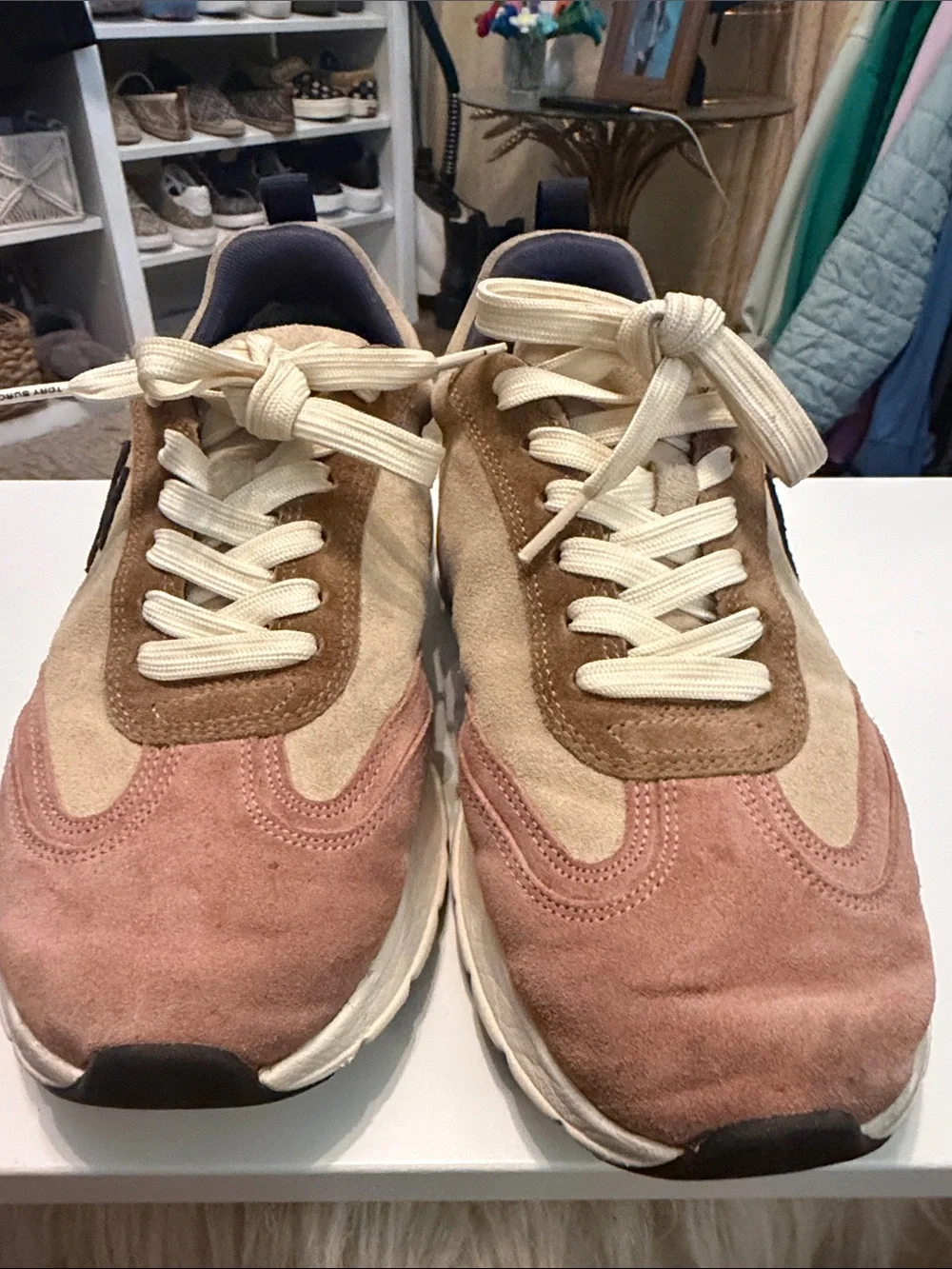 Tory Burch Pink, Beige & Tan Suede Platform Sneakers